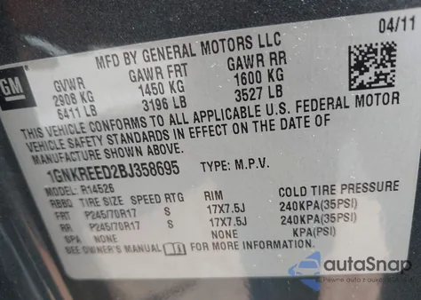 2011 Chevrolet Traverse Ls z USA, uszkodzony, nr VIN 1GNKREED2BJ358695